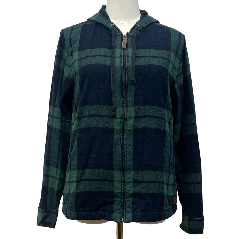 LL Bean Blackwatch Plaid Flannel Hoodie Womens M Petite Full Zip